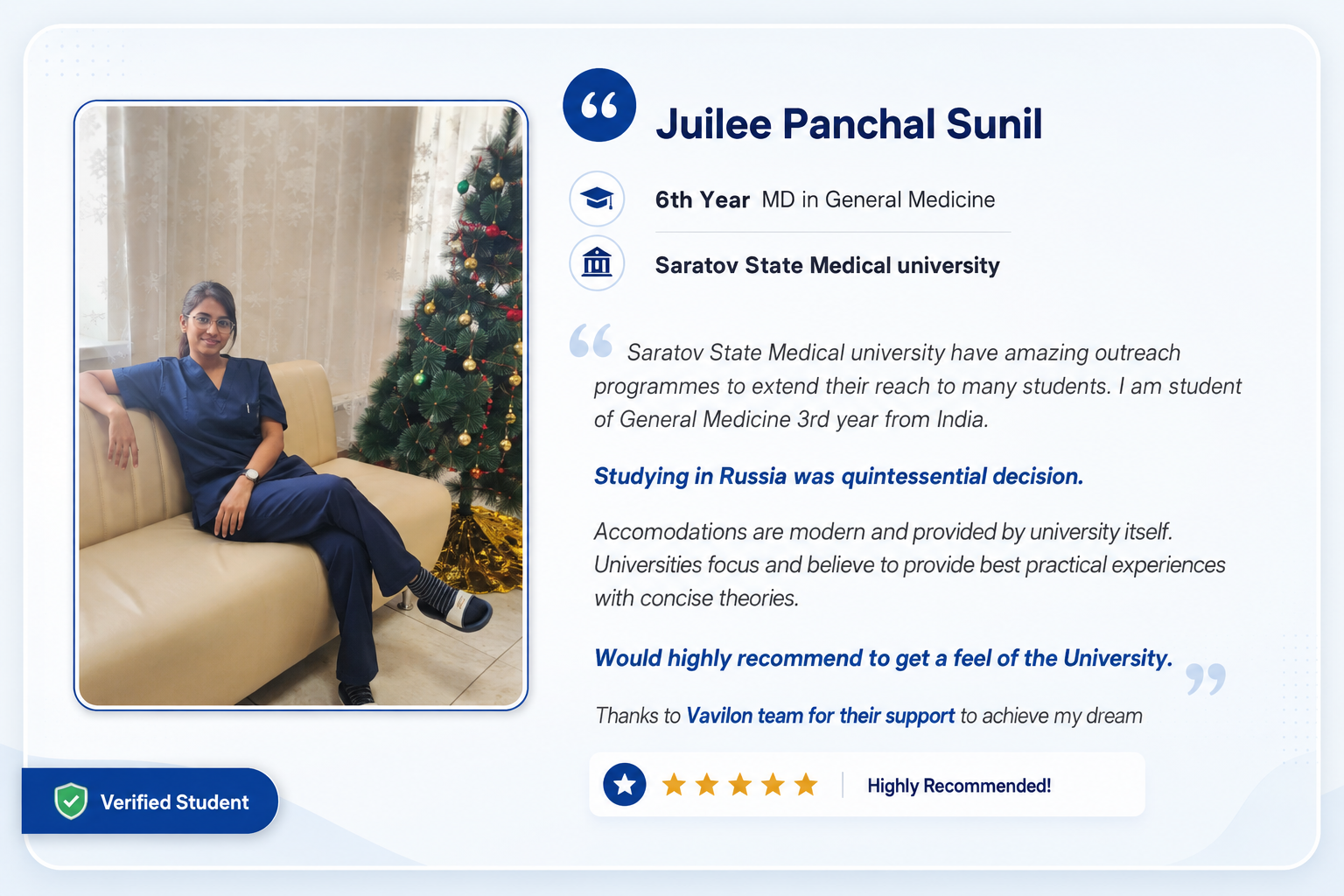 Juilee Panchal Sunil, MD in General Medicine student at Saratov State Medical University