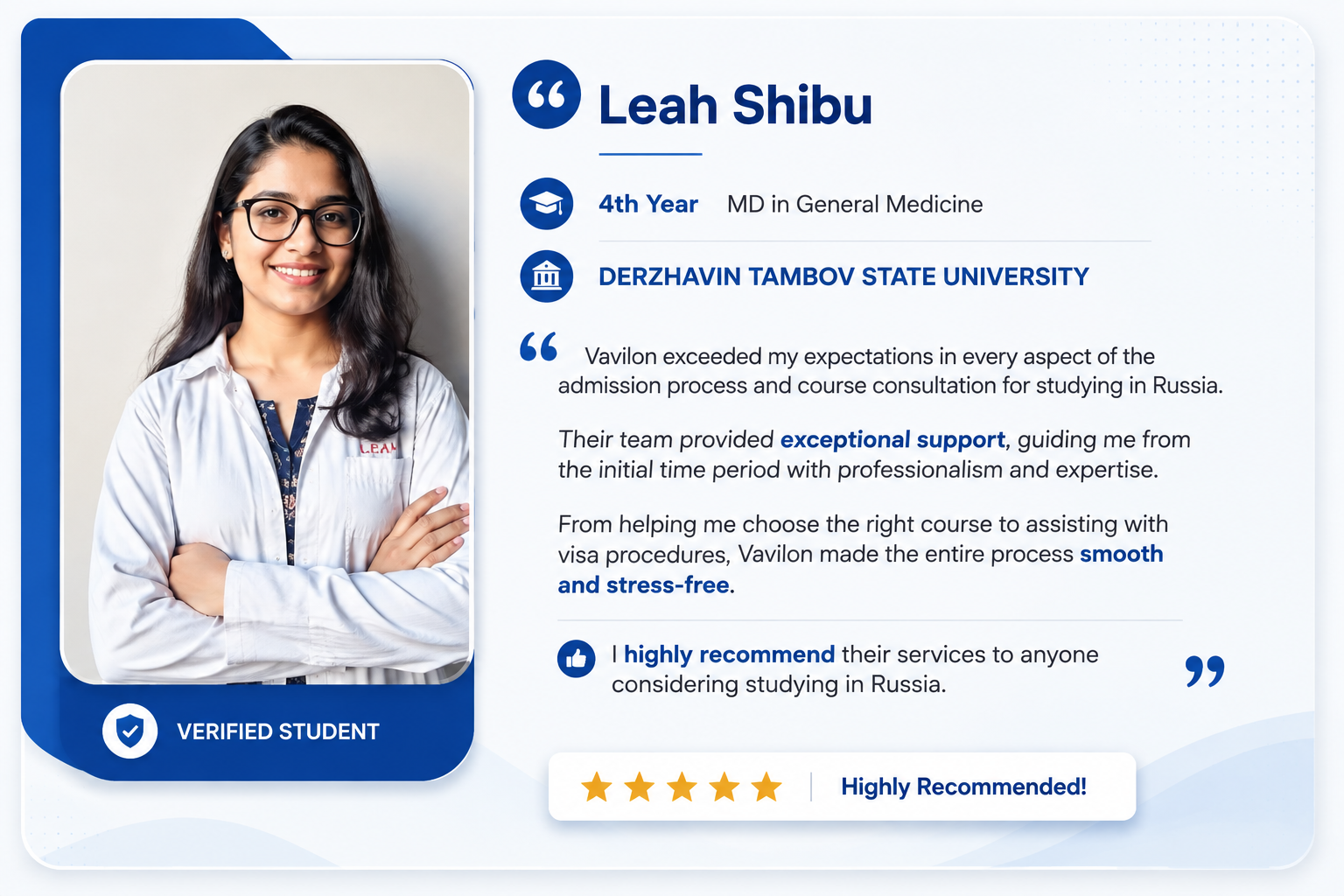 Leah Shibu, MD in General Medicine student at Derzhavin Tambov State University