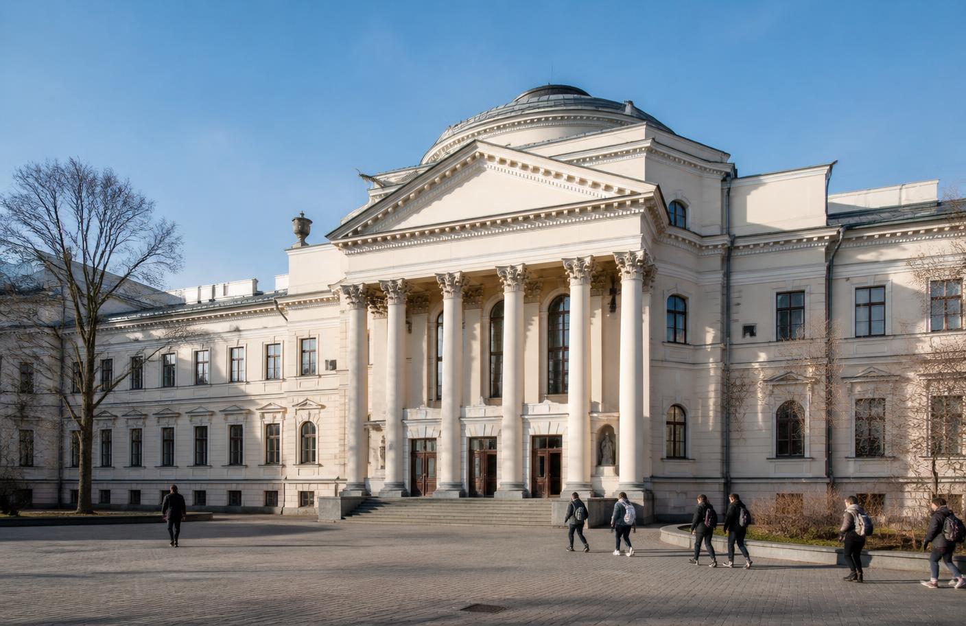 University campus building in Russia with students walking outside